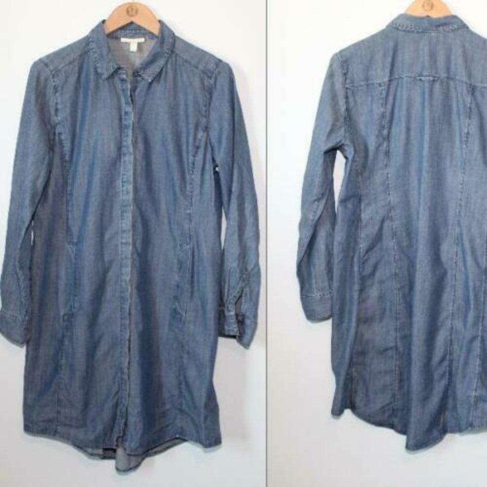 Eileen Fisher Classic Collar Chambray Denim Shirt Dress Blue Size Small H12304 - Picture 10 of 11